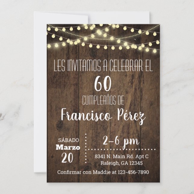 Convite Invitación Birthday invitation, brown wood, lights (Frente)