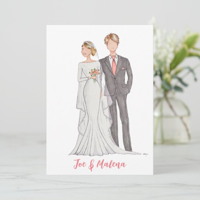 Convite Invitación boda ilustracion hecha a mano (Em pé/Frente)