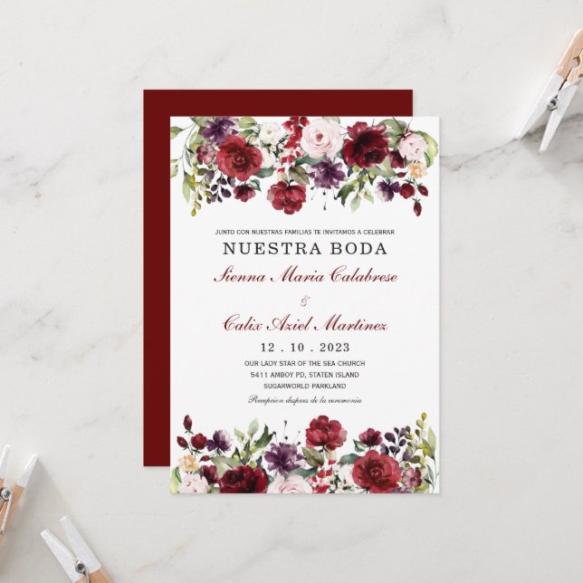 Convite Invitación boda marsala en español (Frente/Verso In Situ)