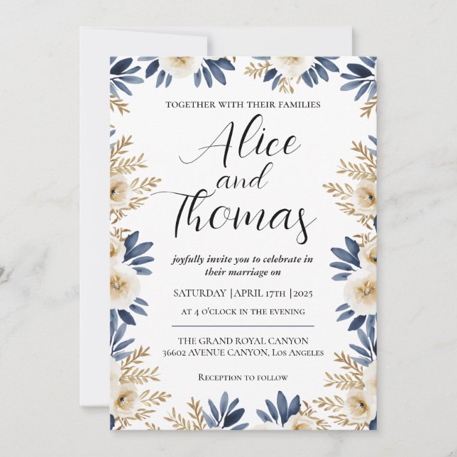 Convite Invitación Boda Primavera Elegante Floral BlueGold (Frente)