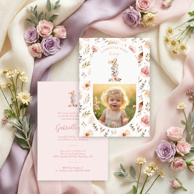 Convite Invitación Boho Floral Number 1 Pink First Birthda (Boho Floral Number 1 Pink First Birthday Invitation with Romantic Watercolor Effect Wildflowers.)