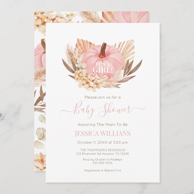 Convite Invitación Boho Pampas Pumpkin pink baby shower (Frente/Verso)