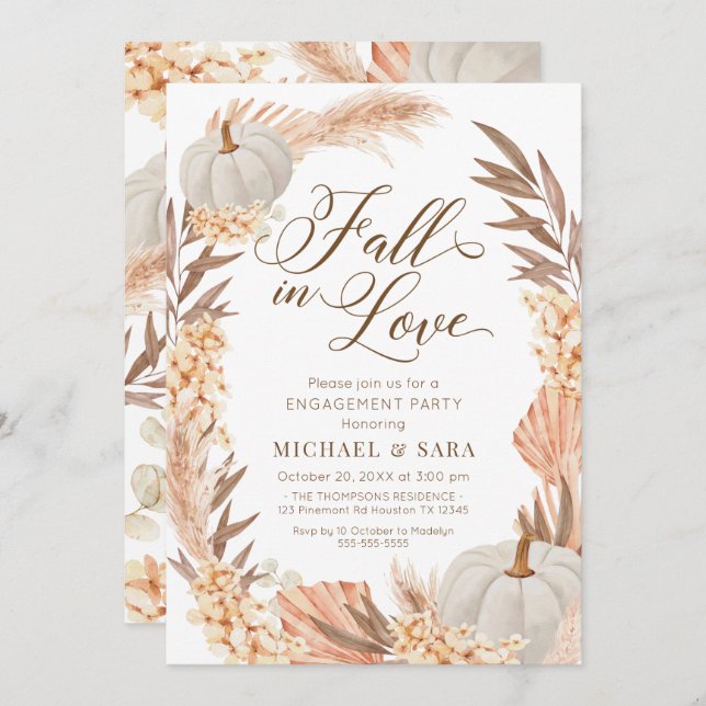 Convite Invitación Boho Pampas Pumpkin White Fall Engageme (Frente/Verso)
