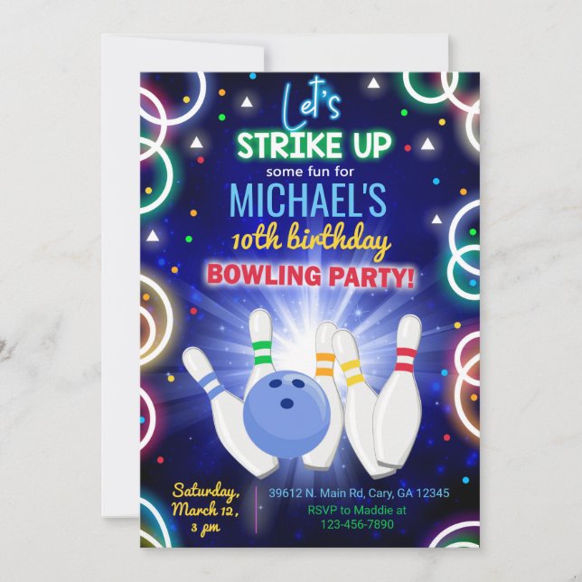 Convite Invitación Bowling, strike up some fun, boy birthd (Frente)