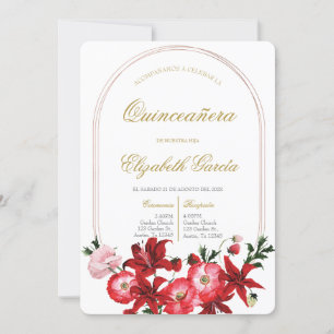 Convite Invitación con flor roja para quinceañera