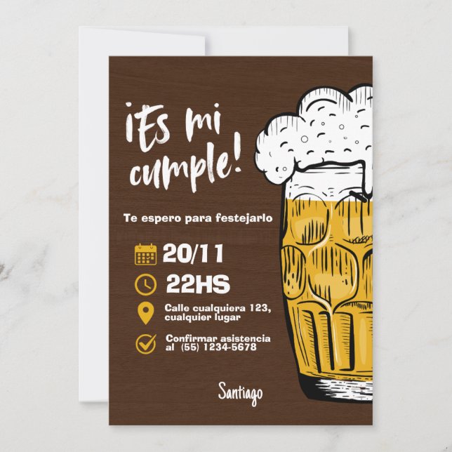 Convite Invitación Cumpleaños de Hombre con Cerveza (Frente)