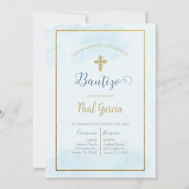 Convite Invitación de bautismo color azul en español (Frente)