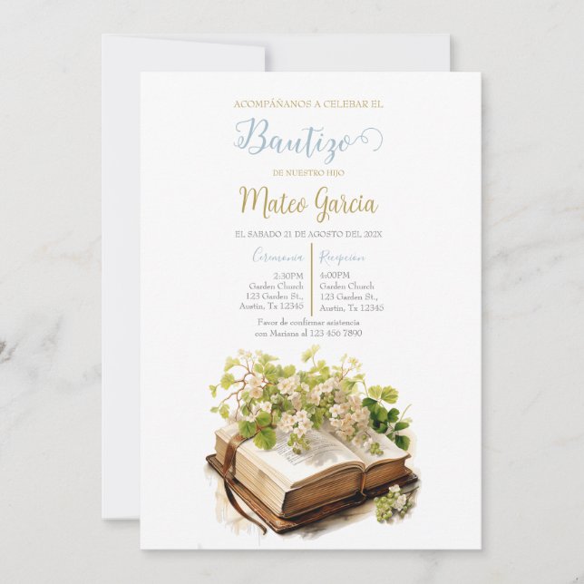 Convite Invitación de bautismo con biblia (Frente)