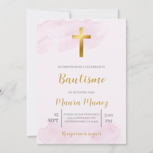 Convite Invitación de bautismo de cor de rosa (Frente)