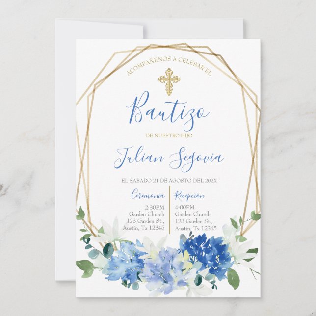 Convite Invitación de bautismo floral azul en español (Frente)