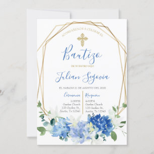 Convite Invitación de bautismo floral azul en español