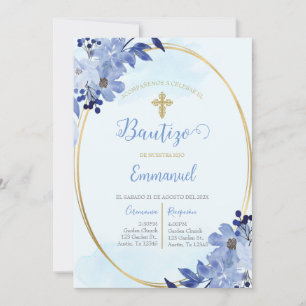 Convite Invitación de bautismo floral azul en español