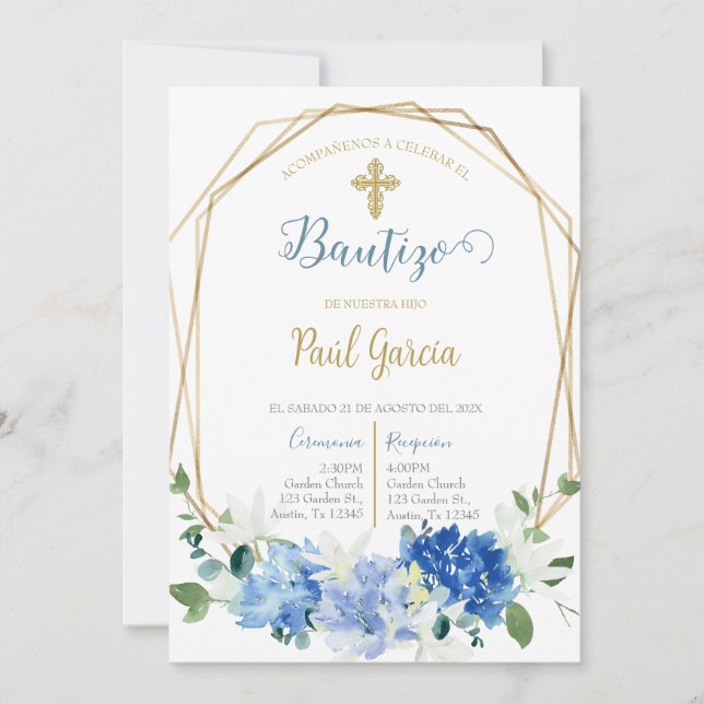 Convite Invitación de bautismo floral azul en español invi (Frente)