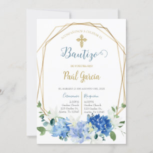 Convite Invitación de bautismo floral azul en español invi