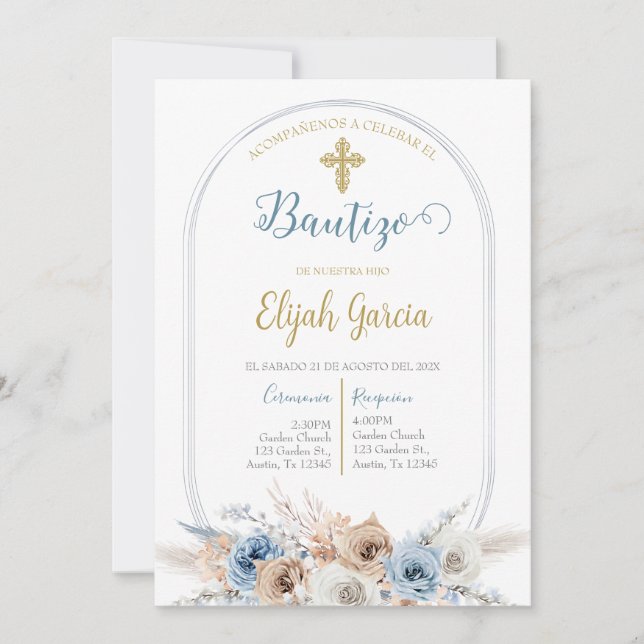 Convite Invitación de bautismo floral azul en español invi (Frente)