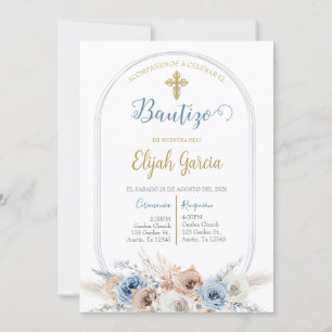Convite Invitación de bautismo floral azul en español invi