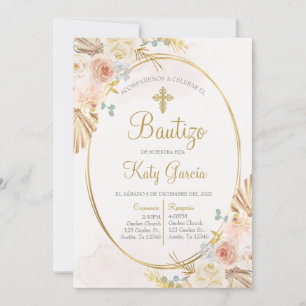 Convite Invitación de bautismo floral boho en español