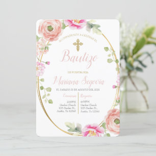 Convite Invitación de bautismo floral rosa en español
