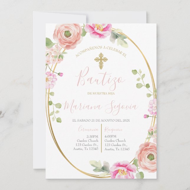 Convite Invitación de bautismo floral rosa en español (Frente)