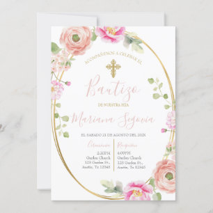 Convite Invitación de bautismo floral rosa en español