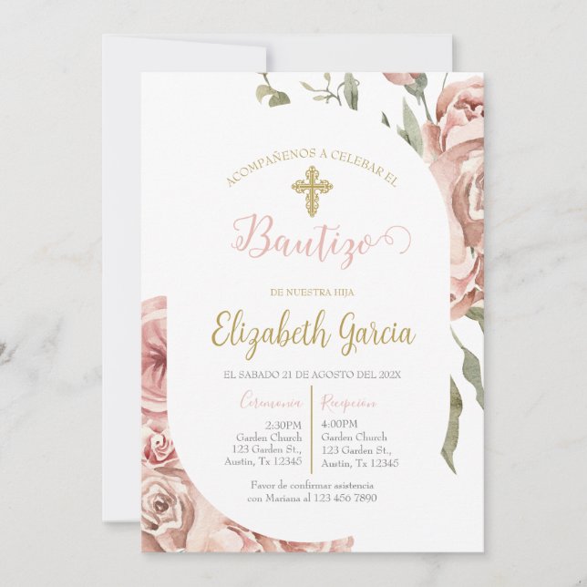 Convite Invitación de bautismo floral rosa en español (Frente)