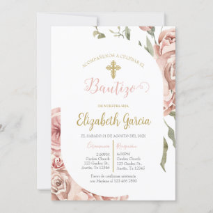 Convite Invitación de bautismo floral rosa en español