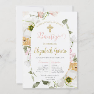 Convite Invitación de bautismo floral rosa en español