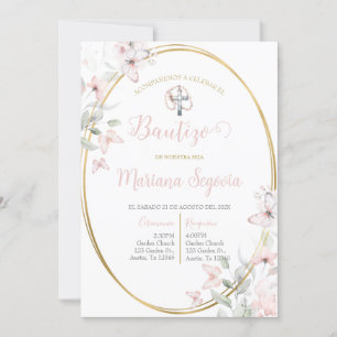 Convite Invitación de bautismo floral rosa en español invi