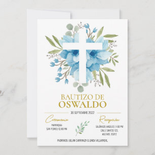 Convite Invitación de bautizo Flor azul y verde