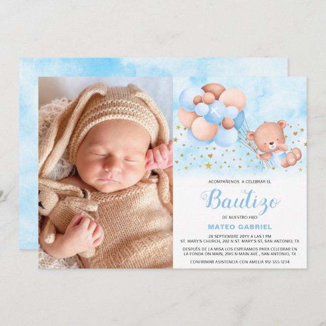 Convite Invitación de Bautizo para Niño con Foto Baptism (Frente/Verso)