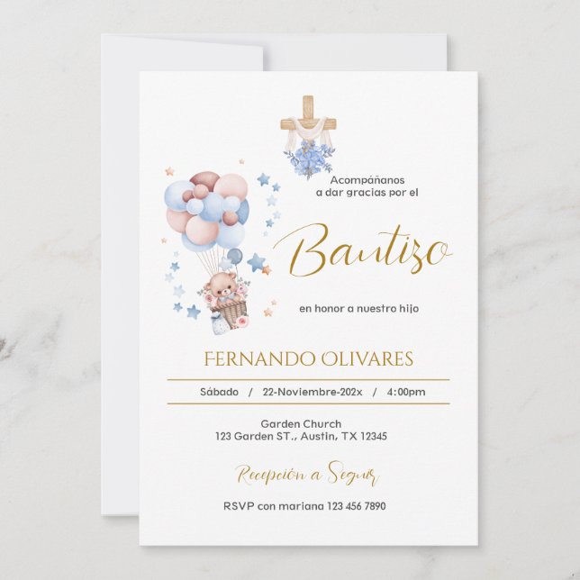 Convite Invitación de Bautizo para niño oso y globos (Frente)