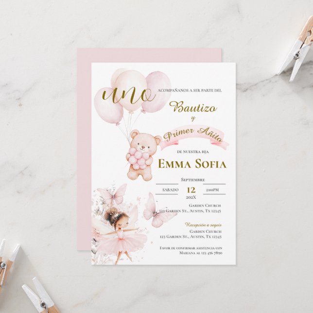 Convite Invitación de Bautizo y primer año en español (Frente/Verso In Situ)