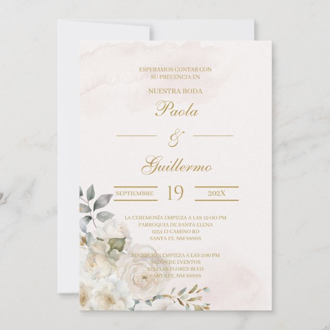 Convite Invitación de boda beige con flor blanca (Frente)