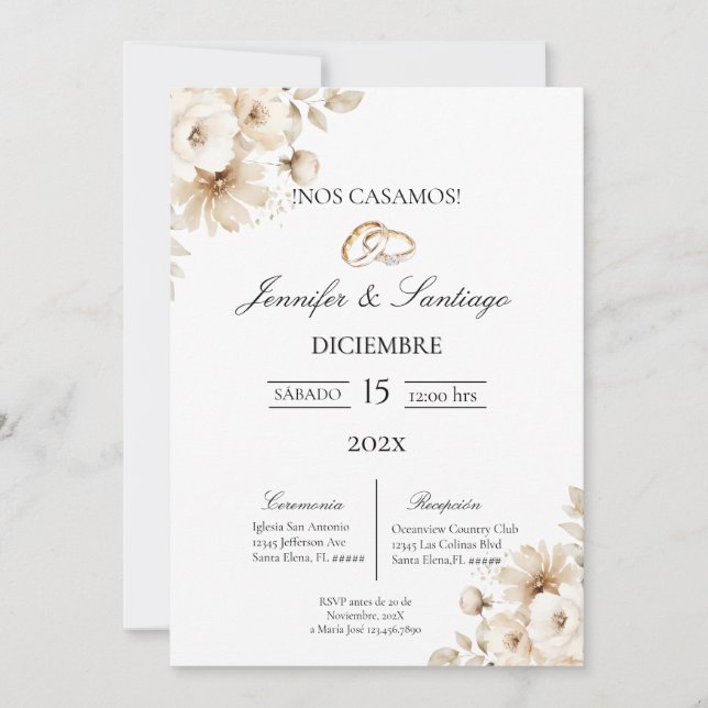 Convite Invitación de boda con flor blanca (Frente)