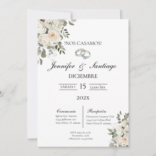 Convite Invitación de boda con flor blanca (Frente)