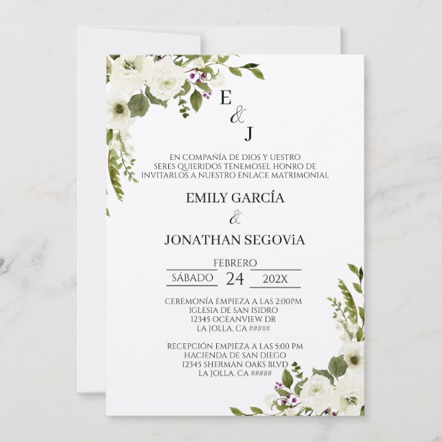 Convite invitación de boda con flores blancas  (Frente)