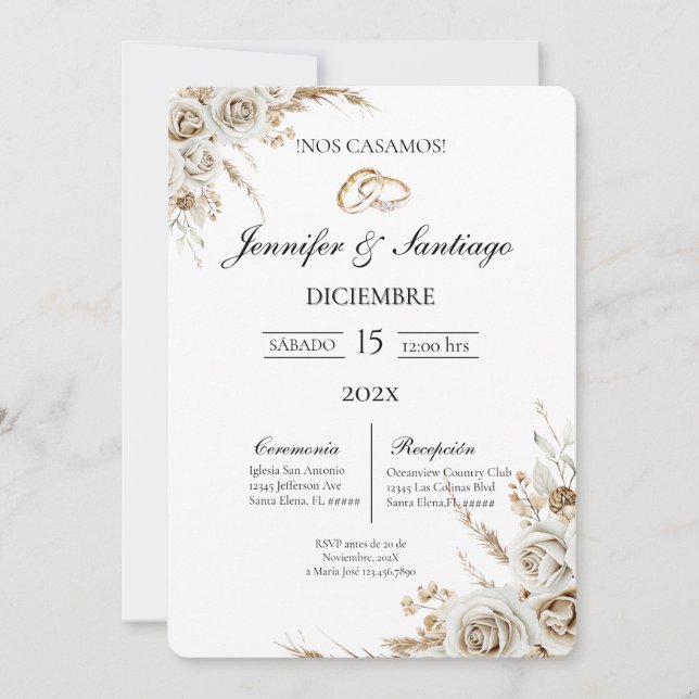 Convite Invitación de boda con ramo y anillo (Frente)