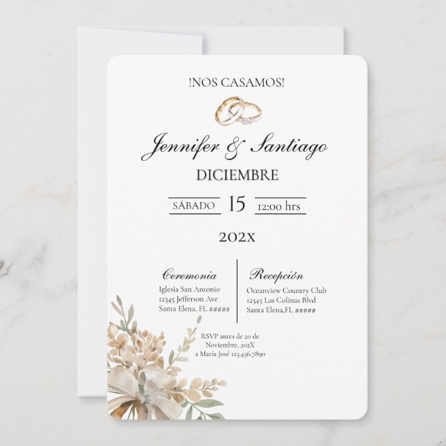 Convite Invitación de boda con ramo y anillo (Frente)