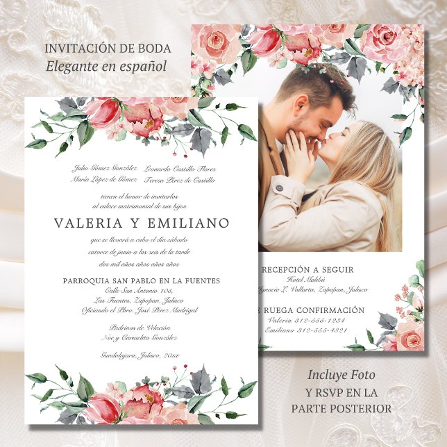 Convite Invitación de Boda Elegante Casamento Espanhol (Elegante invitación de boda en español con foto y RSVP)