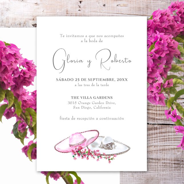 Convite Invitación de Boda en Español Flores Sombreros (Criador carregado)
