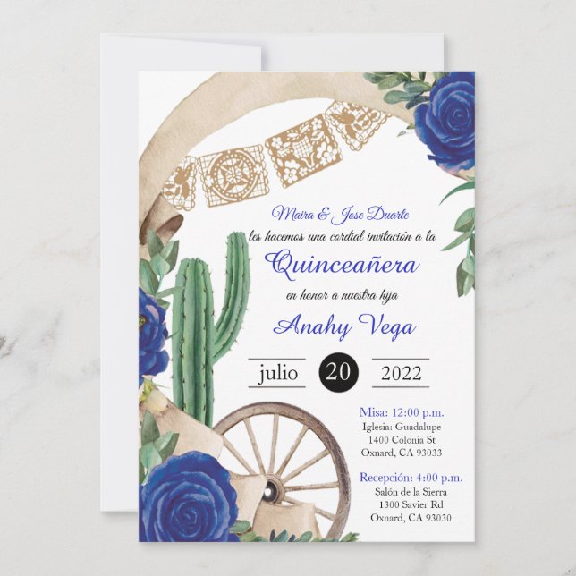 Convite Invitación de Charro Huapango Quinceanera, Azul (Frente)