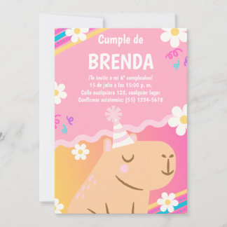 Convite Invitación de Cumpleaños Capibara de Niña Rosa