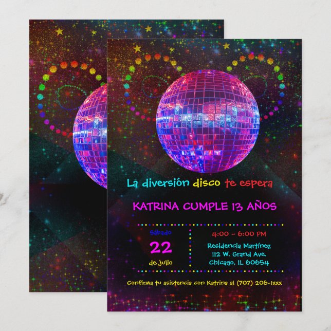 Convite Invitación de Cumpleaños Temática Disco Para Niños (Frente/Verso)