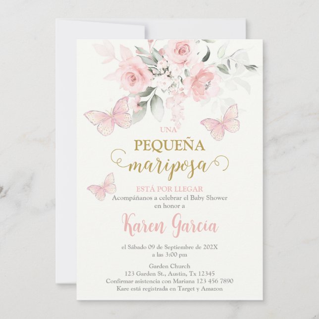 Convite Invitación de Mariposa Chá de fraldas en español (Frente)