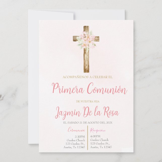 Convite Invitación de primera comunión floral rosa (Frente)