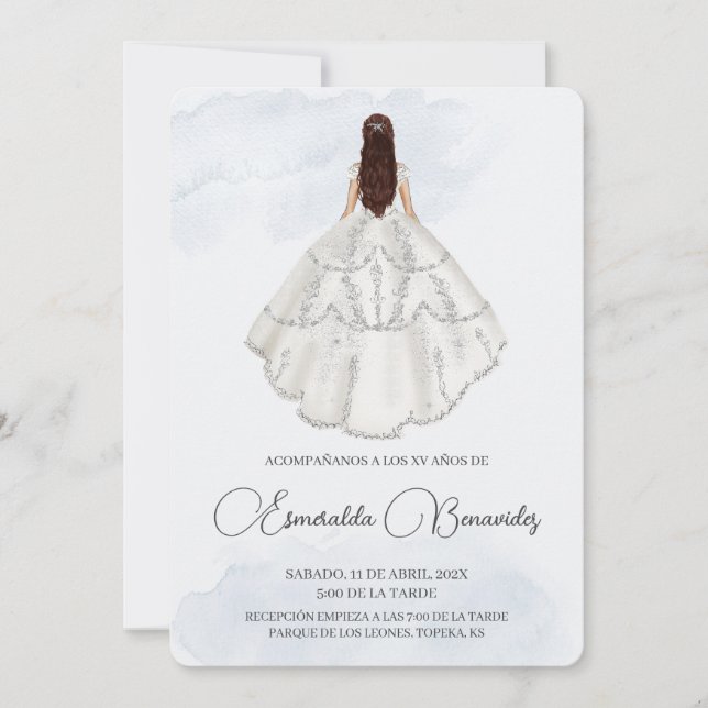 Convite Invitación de quinceañera con vestido blanco (Frente)
