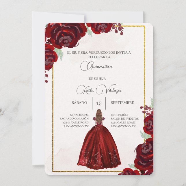 Convite Invitación de quinceañera con vestido rojo (Frente)