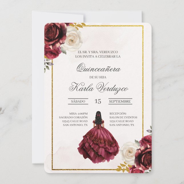 Convite Invitación de quinceañera con vestido rojo (Frente)