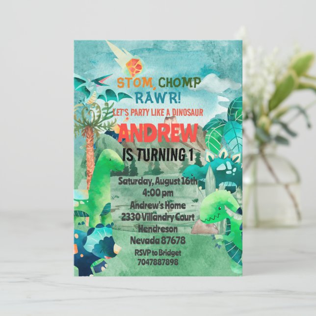 Convite Invitación Dinosaur Birthday Invitation, Dinosaurs (Em pé/Frente)