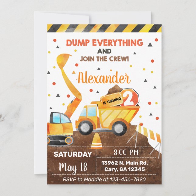 Convite Invitación Dump everything, truck boy birthday inv (Frente)